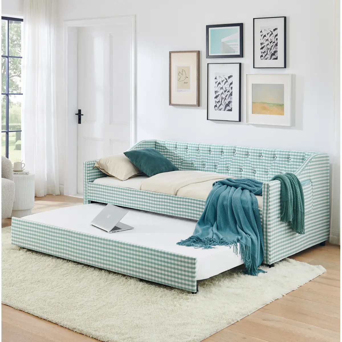 Twin-Size Upholstered Convertible Daybed - 3-in-1 Convertible 3-Stage Beds with Tufted Button Backrest, Pull-Out Trundle, Side Storage, Ideal for Compact Living - CYAN, Convertible Three-Stage Beds