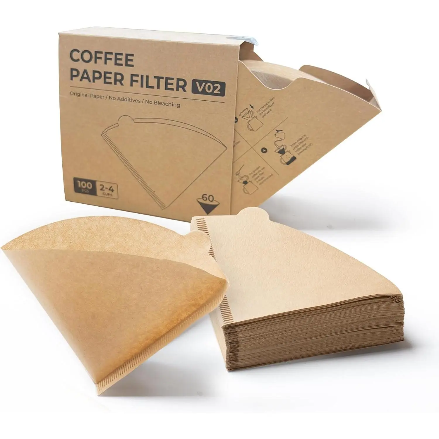 Coffee Filters V60 Coffee Filter Size 02 Cone Coffee Filters 2-4 Cups for Pour Over and Drip Coffee Maker( Brown, 100 Count)