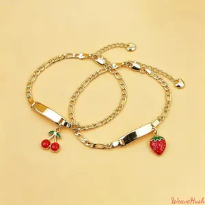 Dainty Charm Bracelets, 2 Pack Curved Bar Cherry & Strawberry Fruit Bangles, 14K Gold Plated Copper Sweet Stackable Jewelry for Women, Trendy Accessory for Daily Casual Outfit, Summer Styling & Lovely Holiday Gift