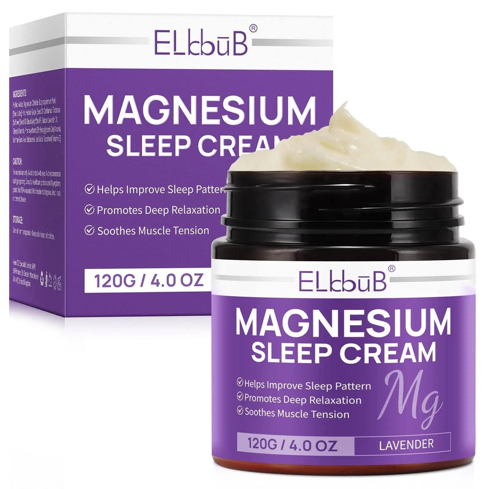 Elbbub Lavender Magnesium Sleep Cream, 120g, Natural Ingredients, Deeply Nourishing, Relieves Anxiety, Promotes Sleep, Moisturizes Skin, Suitable for All Skin Types
