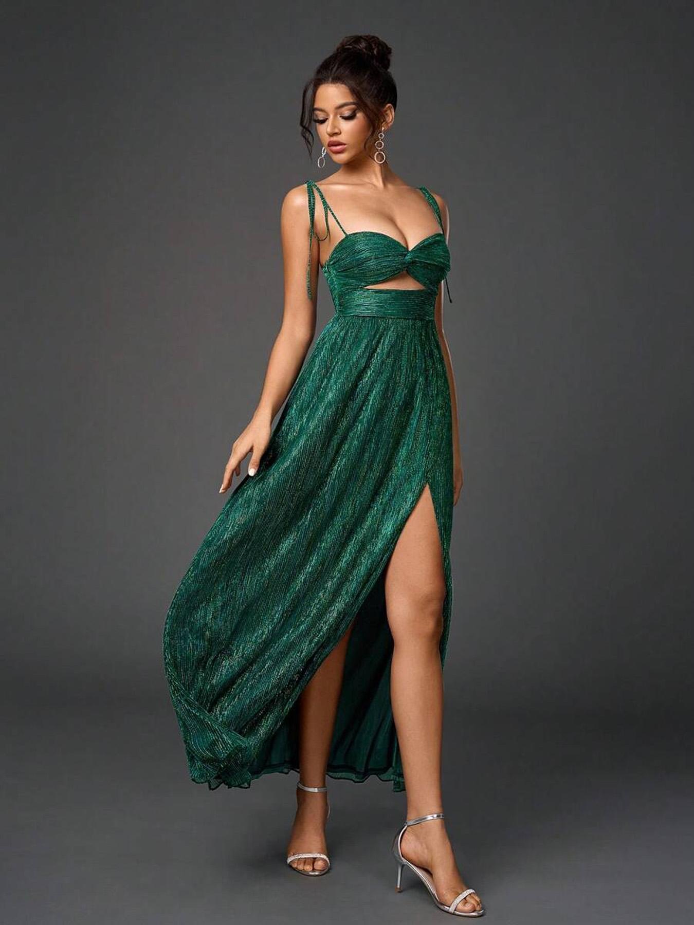 Women's Glitter Open Bust Cami Bridesmaid Dress, Elegant Sleeveless Split Hem Long Dress for Party Wedding Guest, Ladies Clothes for All Seasons, Womenswear