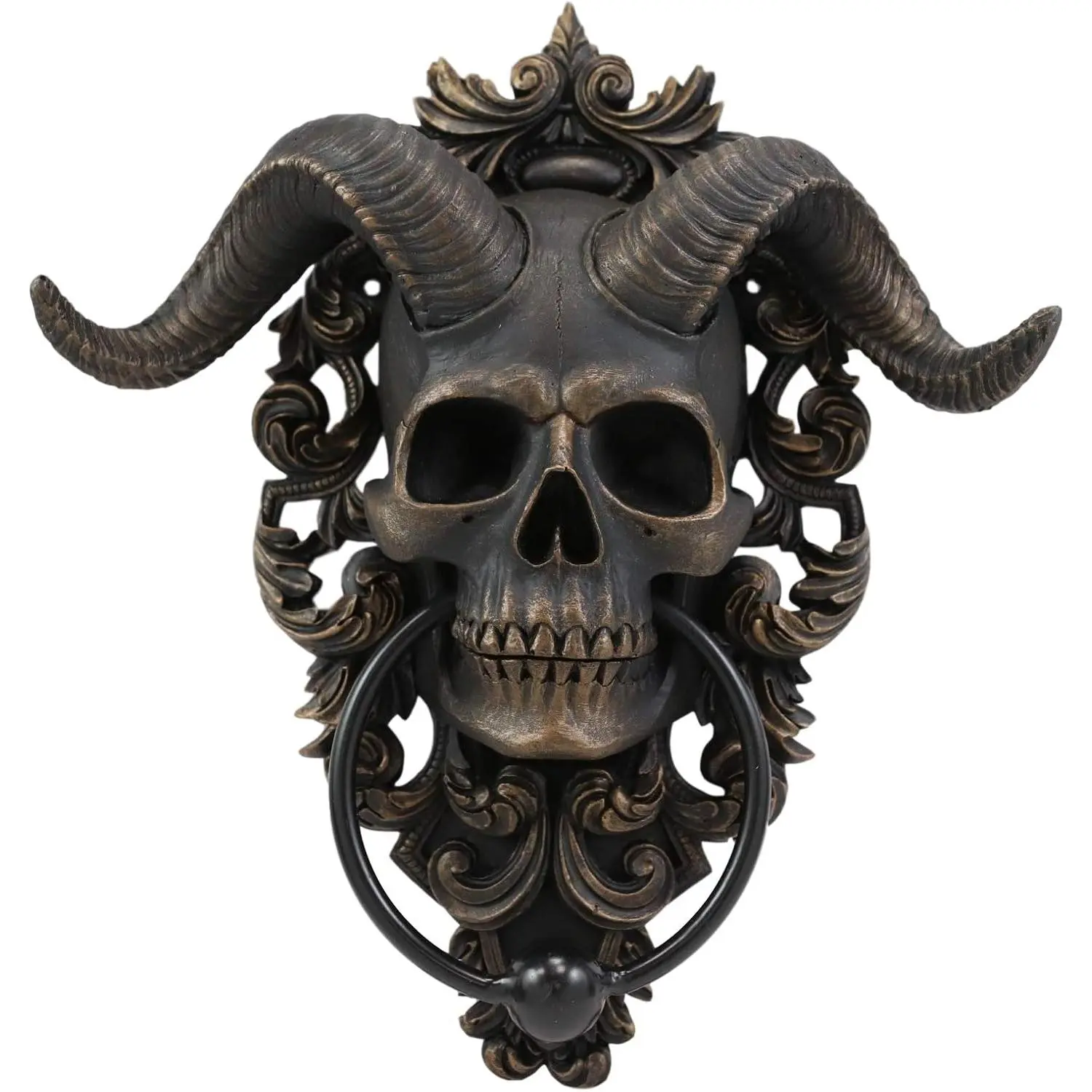 Lilith, Baphomet, horned skull hanging door knocker, with built-in striking plate, wall decoration, with lace floral decoration, height 9.5inch
