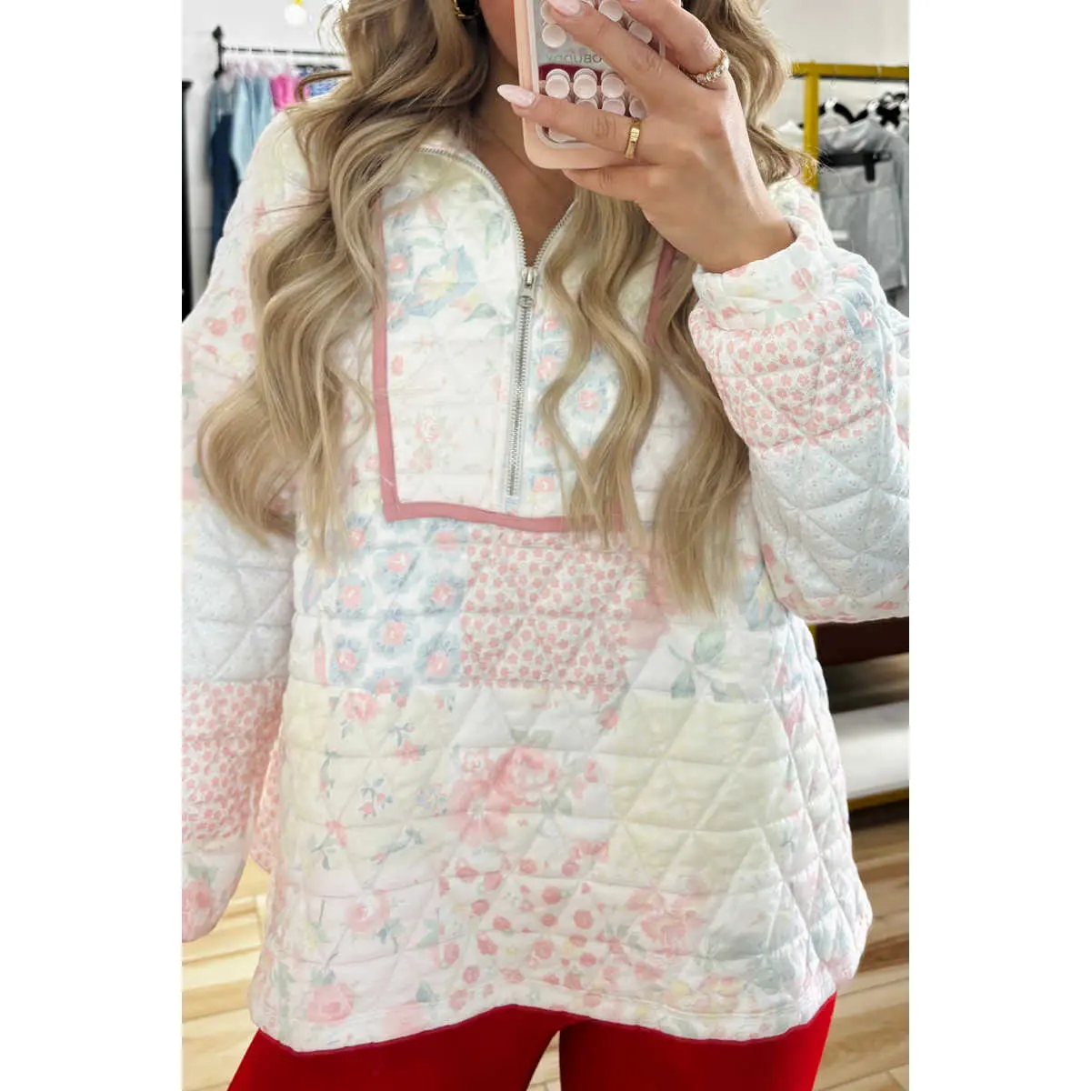 Multicolour Floral Quilted Metal Zipper Collar Long Sleeve Sweatshirt