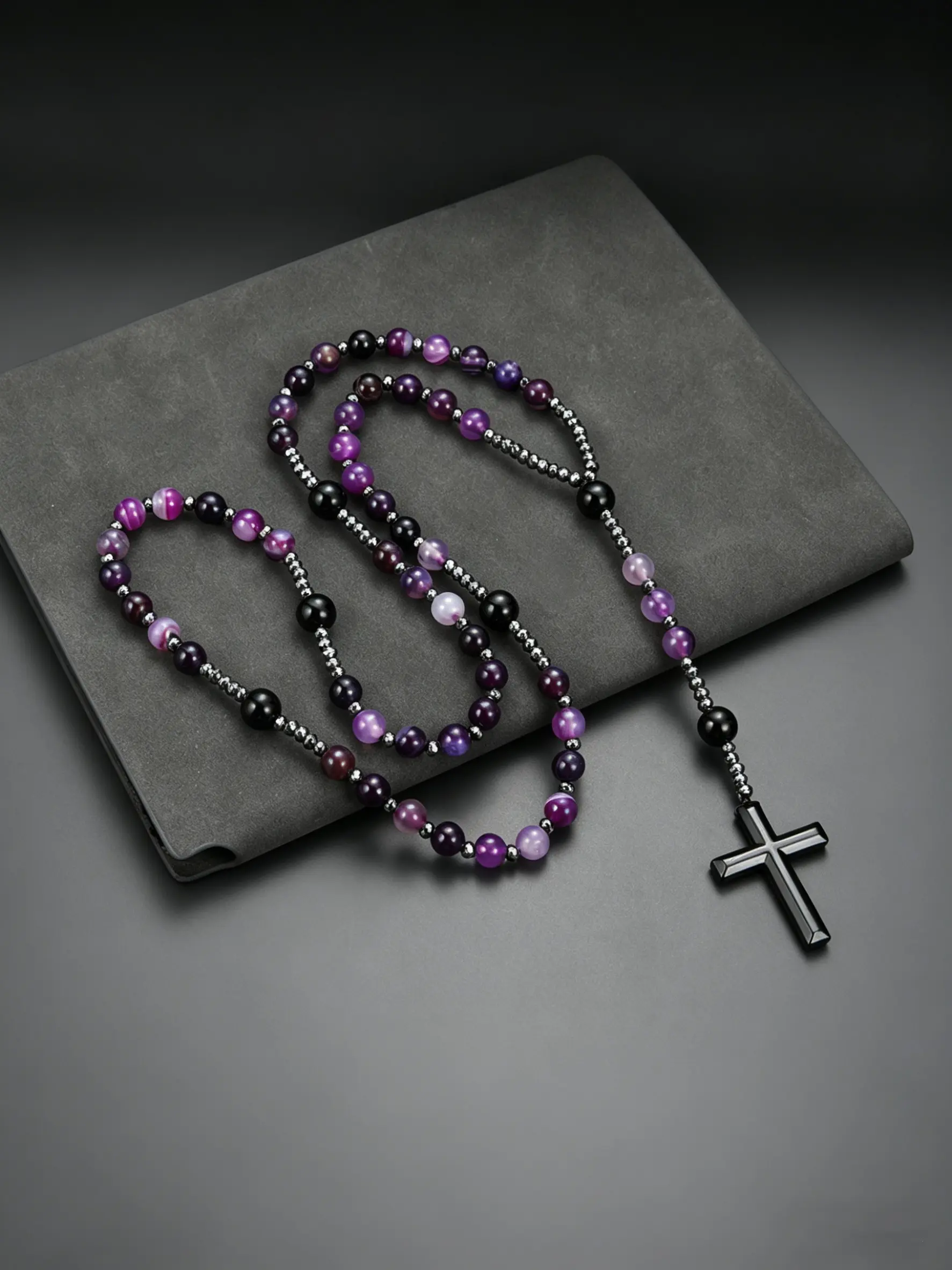 1pc Natural Stone Purple and Green Agate Bead Cross Pendant Necklace, Retro Long Rosary Chain, Religious Prayer Jewelry Gift