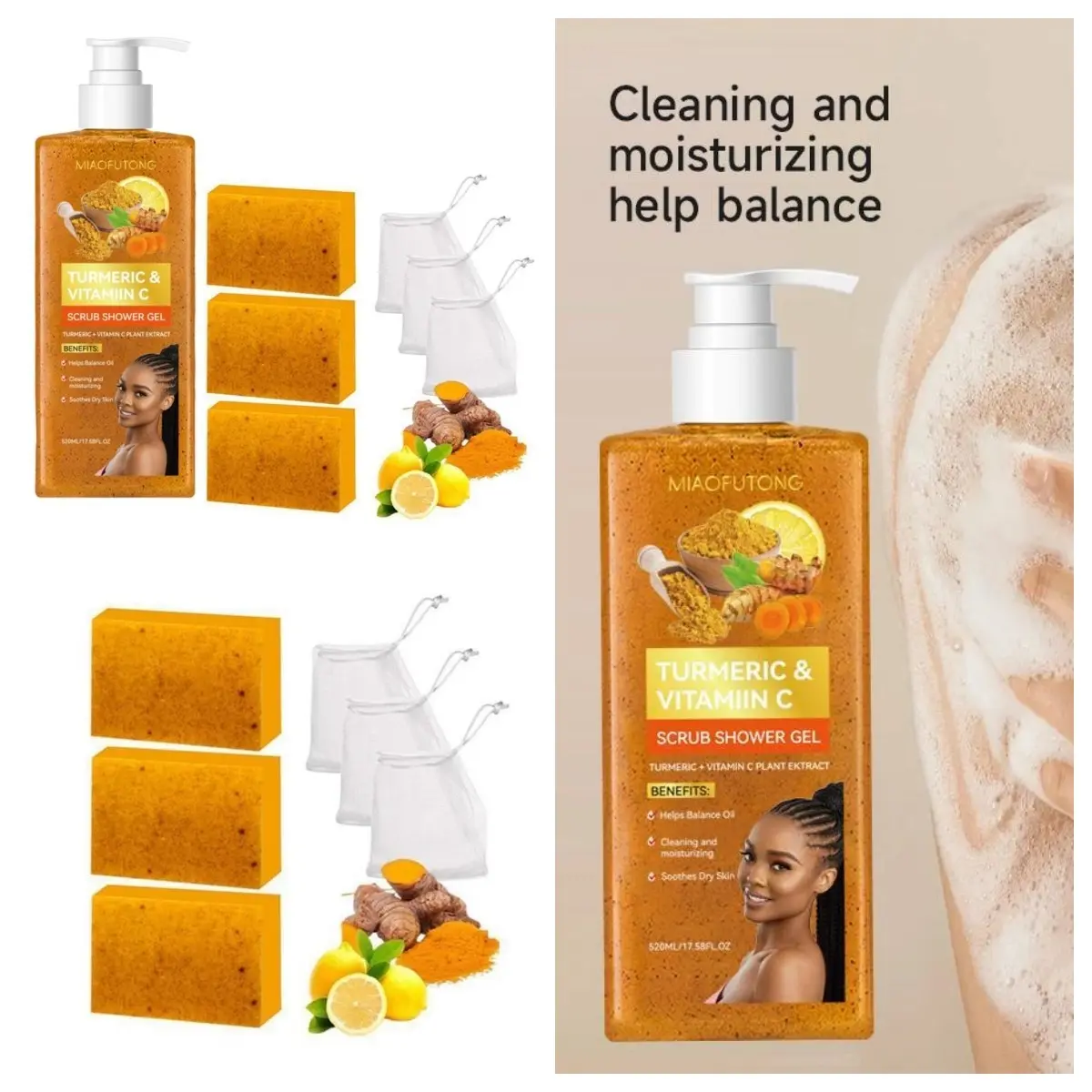 Turmeric Vitamin C Scrub Shower Gel  & Lemon Turmeric Soap Set Body Care for Soft Radiant Skin with Natural Ingredients for Cleansing, Moisturizing and Hydrating
