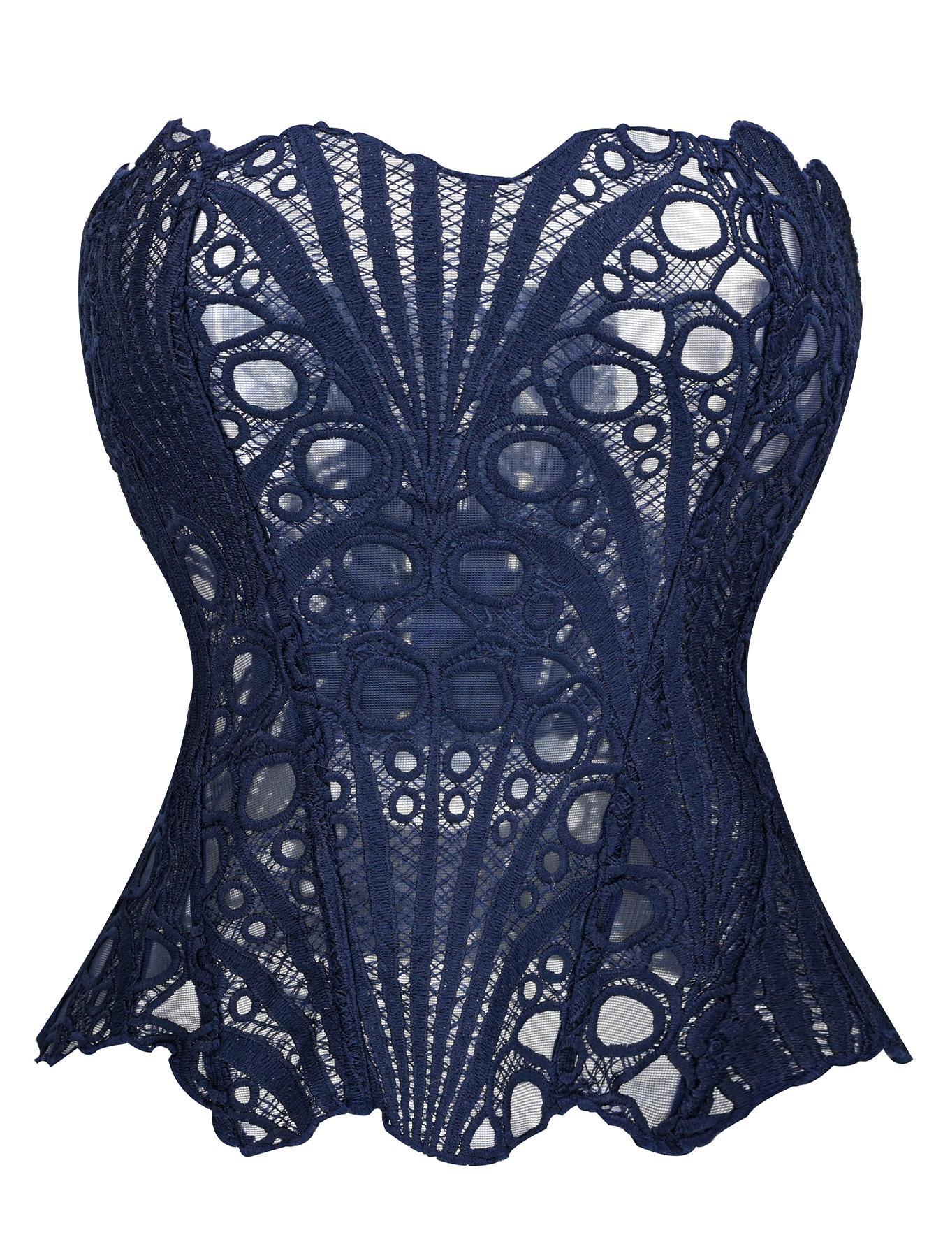 Women's Random Pattern Lace Up Shapewear Tube Top, Elegant Contrast Lace Corset Top, Tummy Control Shapewear Underwear for Women