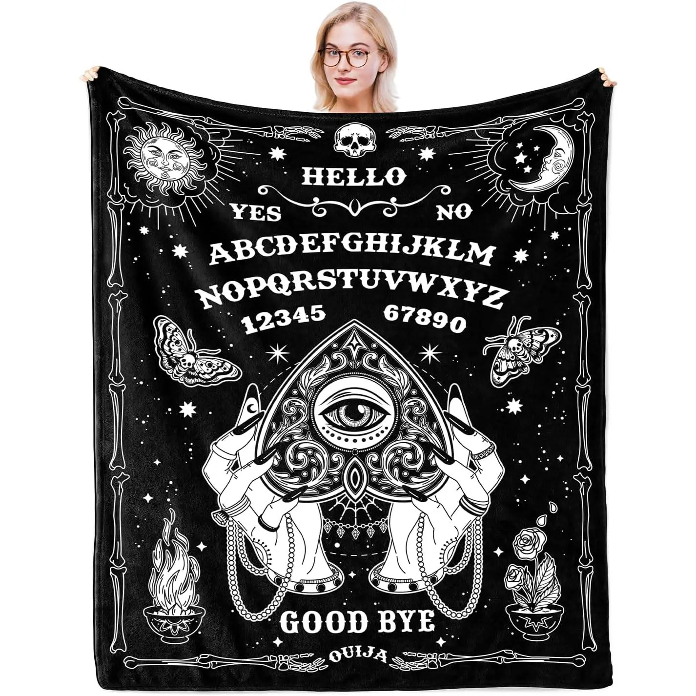 Black White Ouija Board Flannel Throw Blanket, All Seeing Eye Skeleton Moth Sun Moon Witchy Graphic Print, Soft Plush Warm Sofa Bed Cover For Gothic Mystic Room Decor