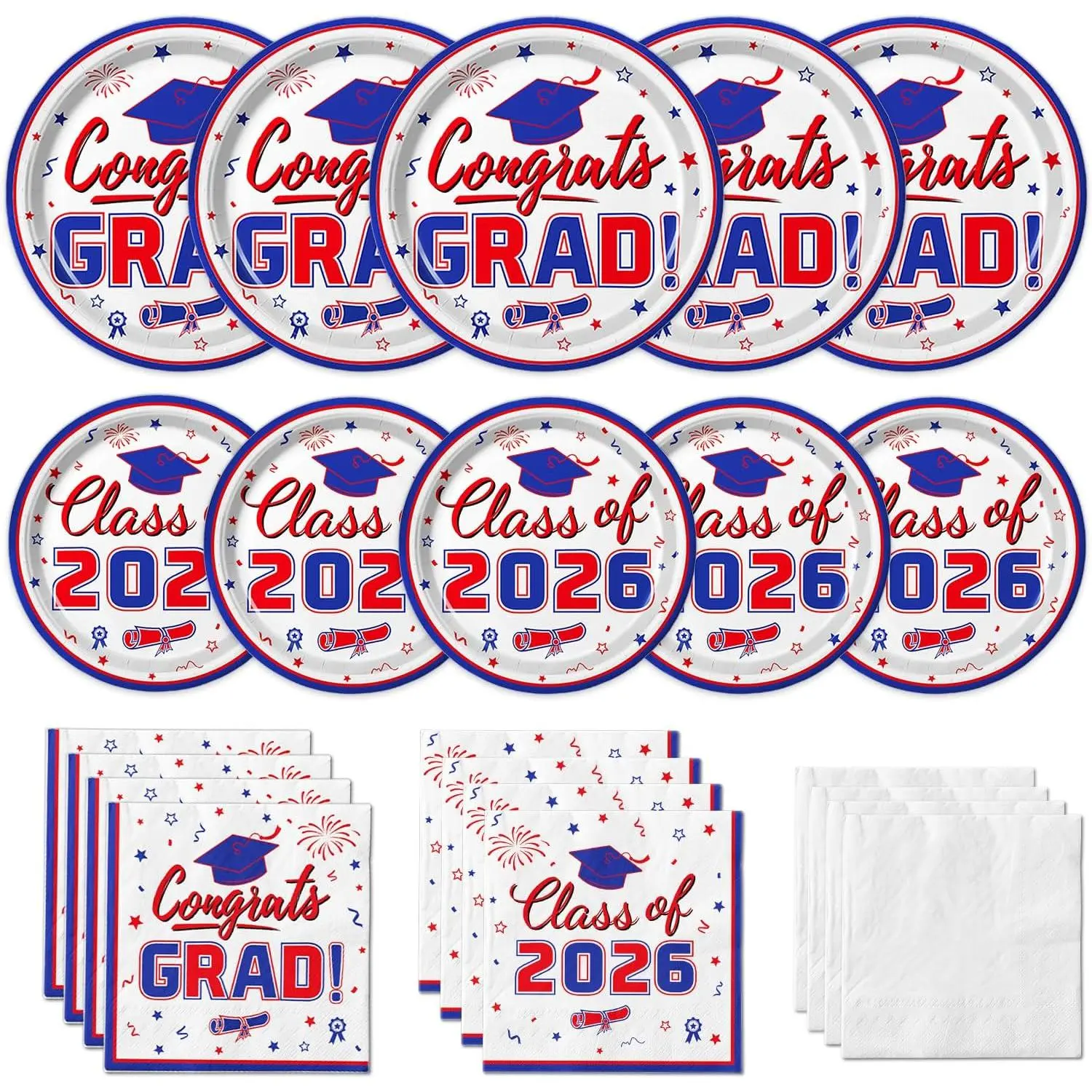 Graduation Party Supplies Kit Serves 50 - Graduation Party Red and Blue Class of 2026 Tableware Disposable Dinner Plates Dessert Plates and Napkins for Congrats Grad Party Decorations