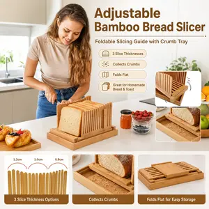 Adjustable Bamboo Bread Slicer, Foldable Bread Cutter Guide with Crumb Tray for Homemade Bread, Sourdough, Toast, Bagels, Cakes and Loaves, Compact Bread Slicing Board Kitchen Gadget for Home Bakers, Kitchen Counter, Daily Baking Gifts