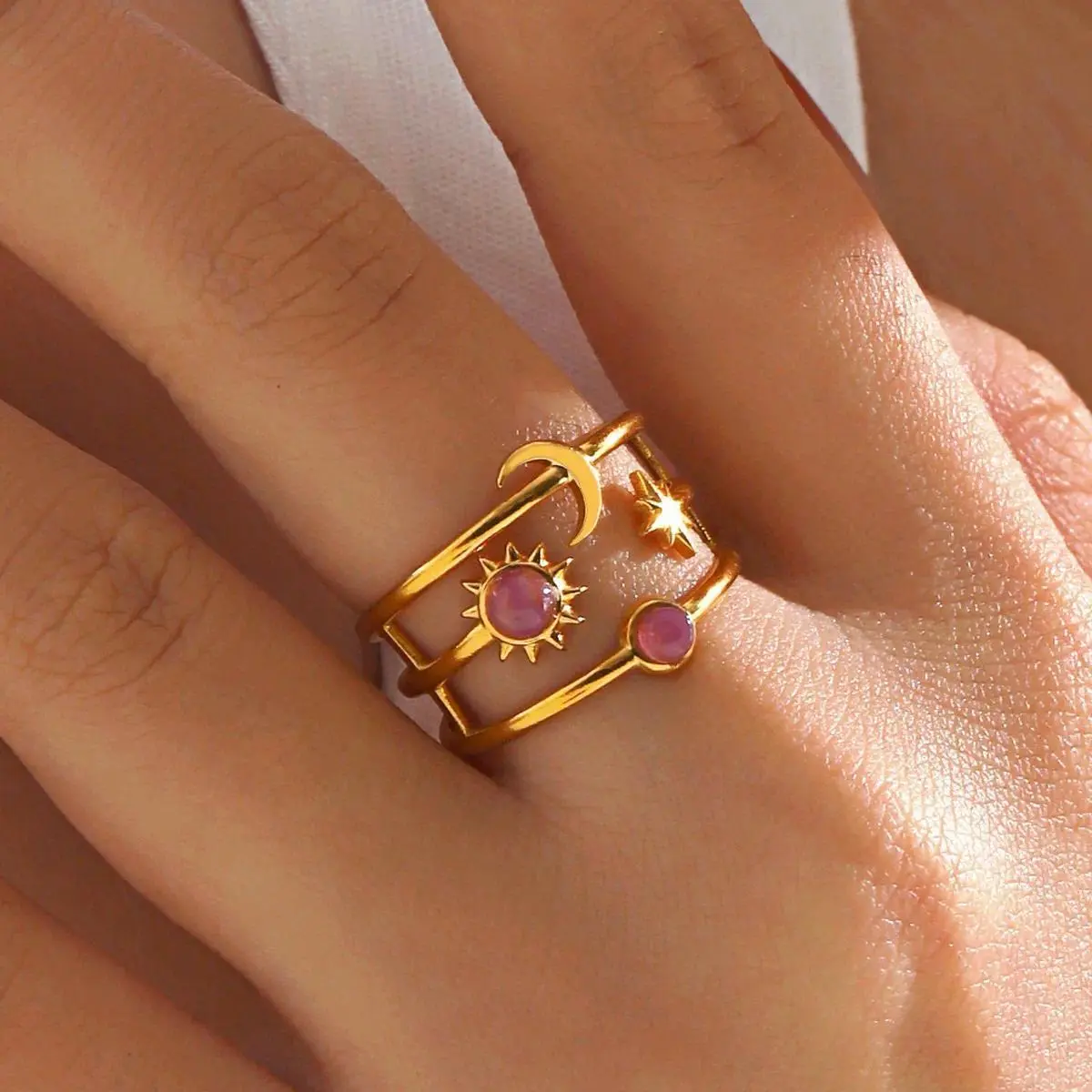 Bohemian Moon Star Sun Pink Rhinestone Open Ring Stainless Steel Gold Color Women Fashion Waterproof Rings Jewelry Wholesale