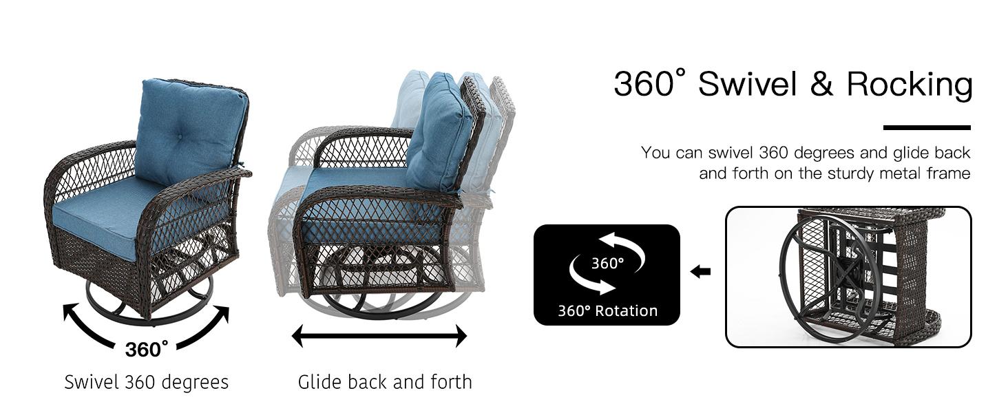 Amopatio Greenish Spring 3 Pieces Patio Bistro Set, Rattan Wicker Swivel Rocking Chairs with Thickened Cushions and Table, Comfortable Outdoor Furniture for Garden Lawn