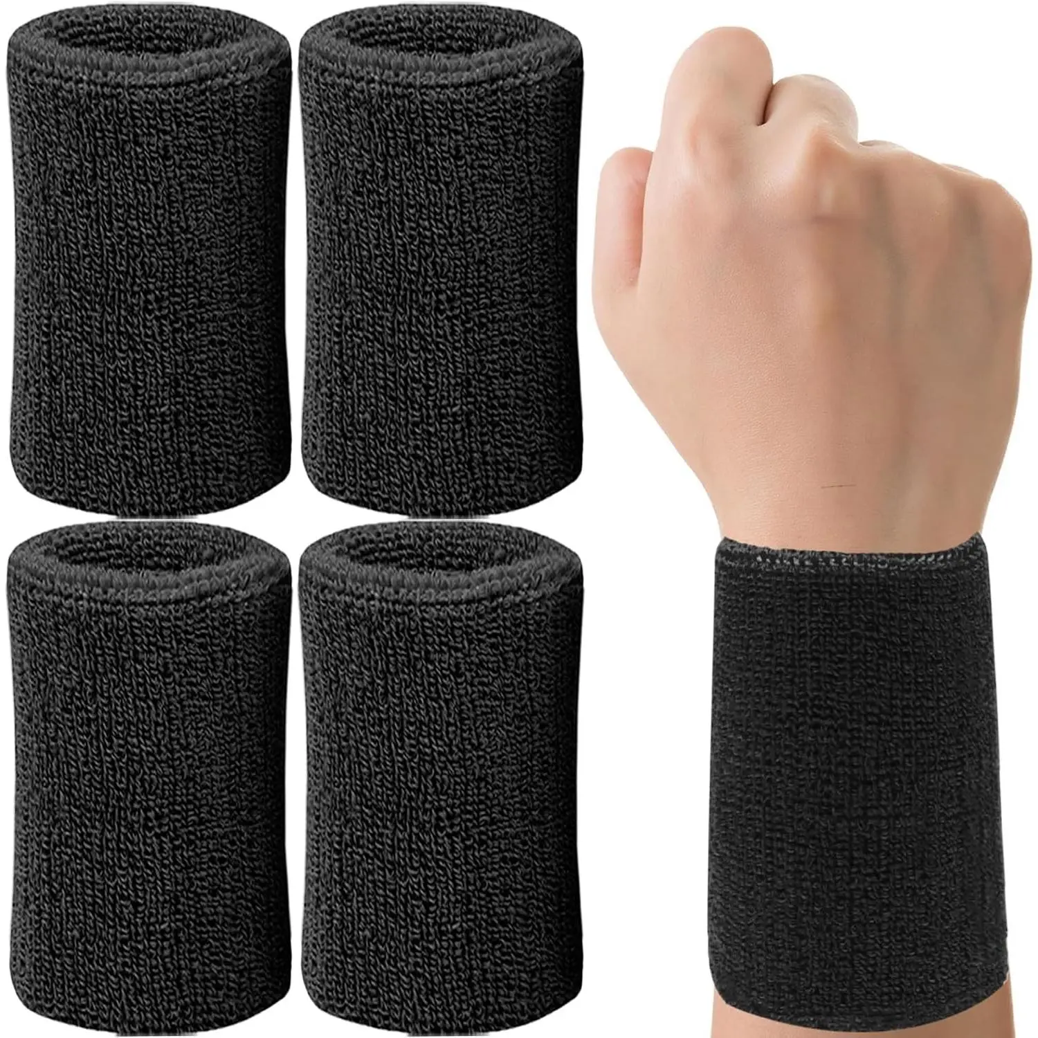 6 Inch Cotton Wrist Sweatbands for Men & Women - Absorbent Breathable Sports Wrist Bands for Tennis, Basketball, Running, Workout (4 Pack)