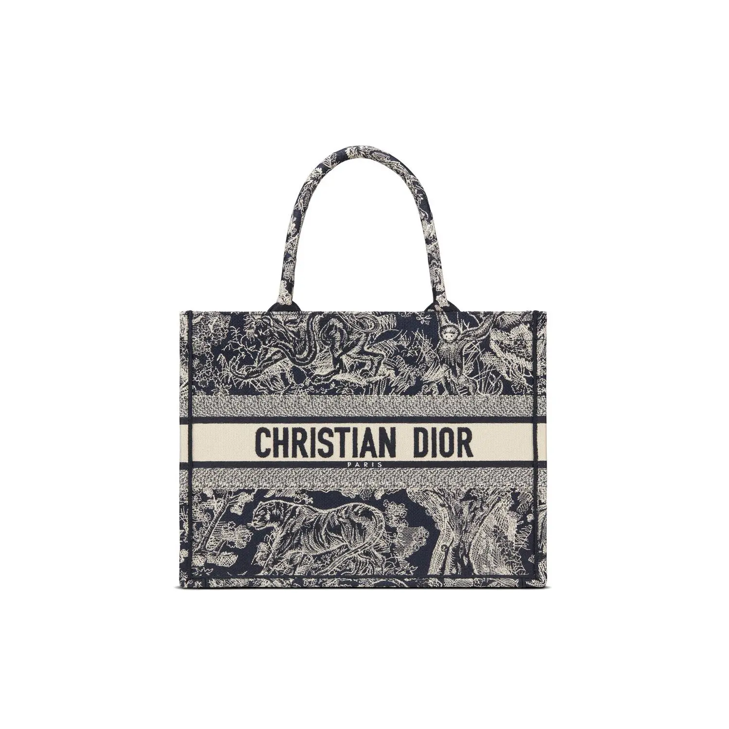 Dior BookTote Tote Bag for Women, Tiger-Print Toile de Jouy Embroidered Design, Dark-Blue Medium Size