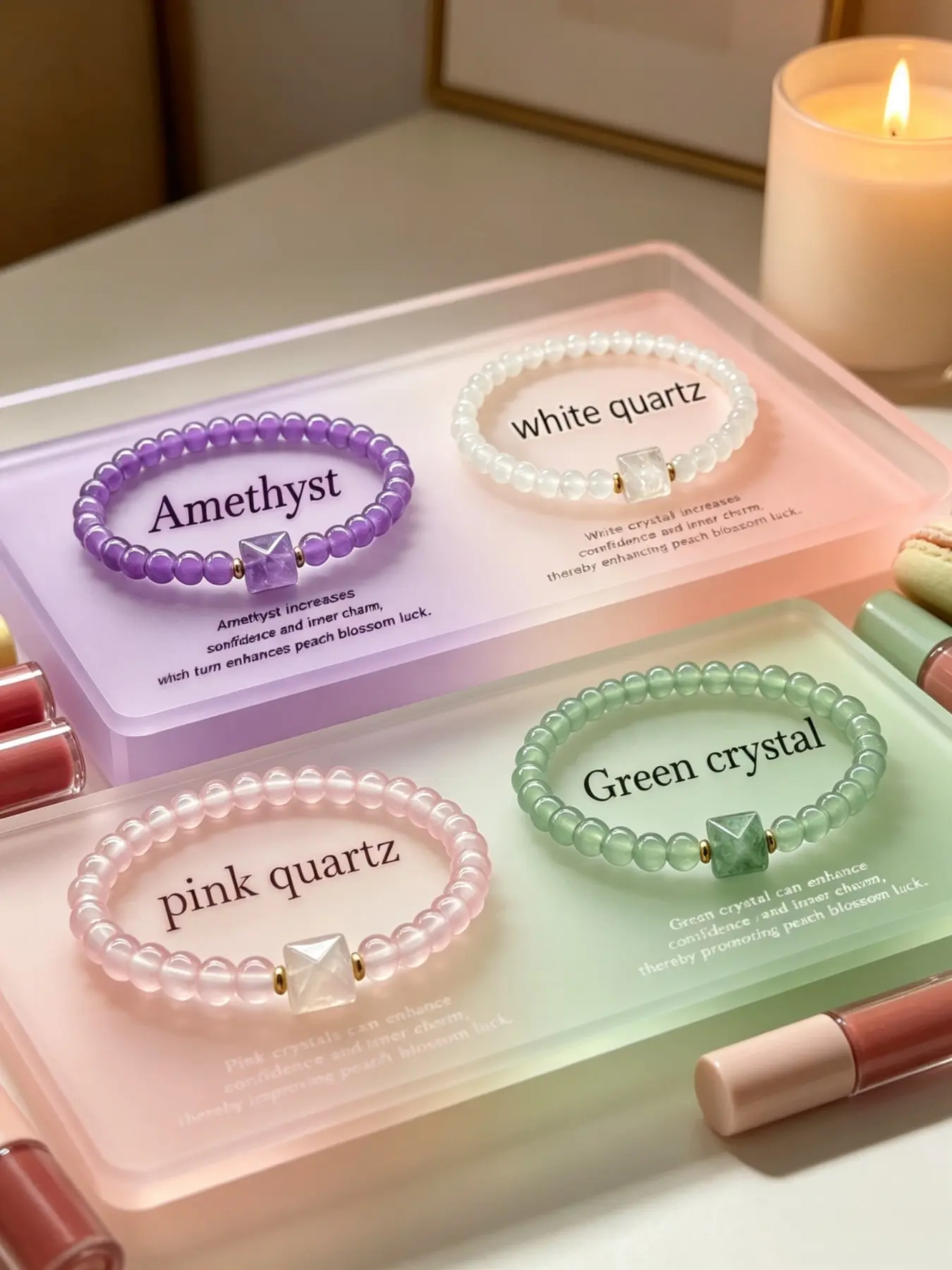 4Pcs Pastel Crystal Bracelet Set Square Faceted Bead Dainty Stackable Wristbands, Lightweight Stretch Stackable Jewelry for Daily Office Wear and Gifting