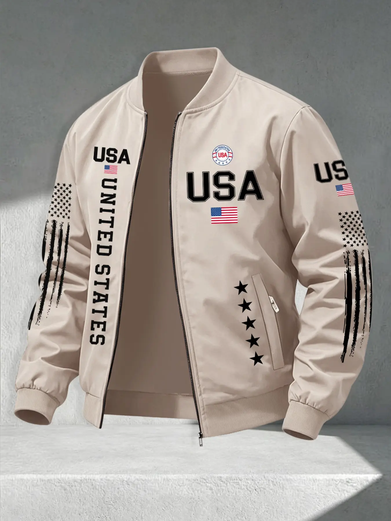 Men's Fall Winter Casual Stand Collar Jacket, Letter Flag Print Versatile Men's Top, Business Style Outdoor Sports Coat, Zipper Closure Design