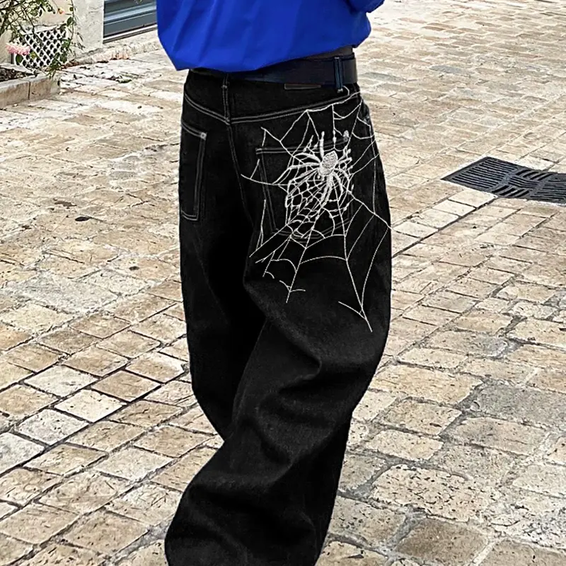 Men's Stylish Spider Web Embroidered Washed Denim Jeans, Casual Loose-Fit Oversized Versatile Jeans for All Seasons, Comfortable Everyday Wear