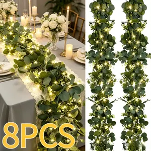8-Piece Set, 6-Foot Pre-Lit Eucalyptus Wreath, Artificial Faux Green Eucalyptus Leaf Vine & Green Floral Wreath Decor, Suitable for Table Runners, Wedding Centerpieces and Backdrop Decorations; wreath without power adapter included
