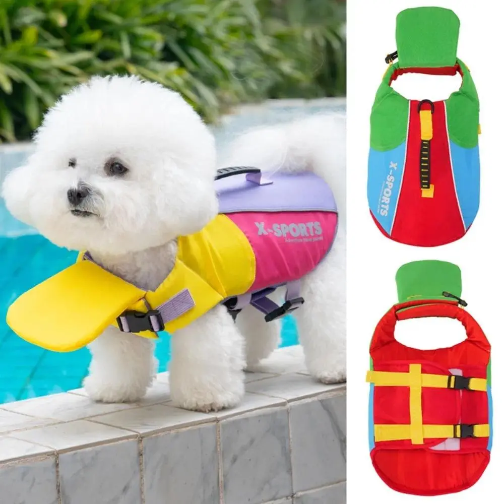 Pet Dog Colorful Spliced Swimsuit with Towing Function Portable Life Jacket for Small Medium Large Dog Safe Water Play in Summer