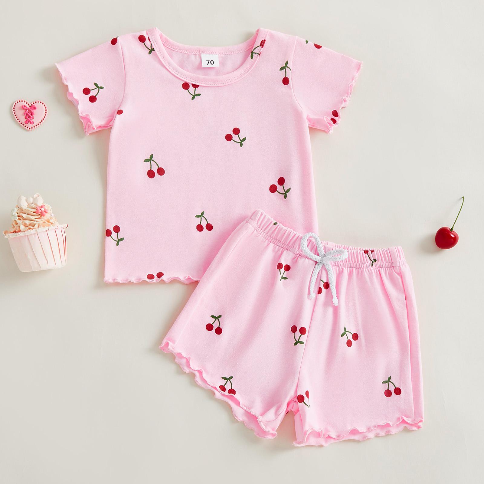 Toddler Baby Girl Summer Outfits Short Sleeve Cherry Print Tops + Shorts 2Pcs Clothes Set Little Girls Summer Clothes
