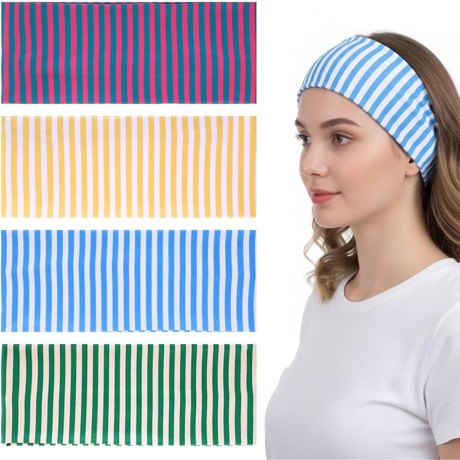 4 count Striped Headband, Elastic Thick Wide Headband | Non Slip Soft Cute headbands striped for Everyday Wear  Yoga Running and Other Occasions