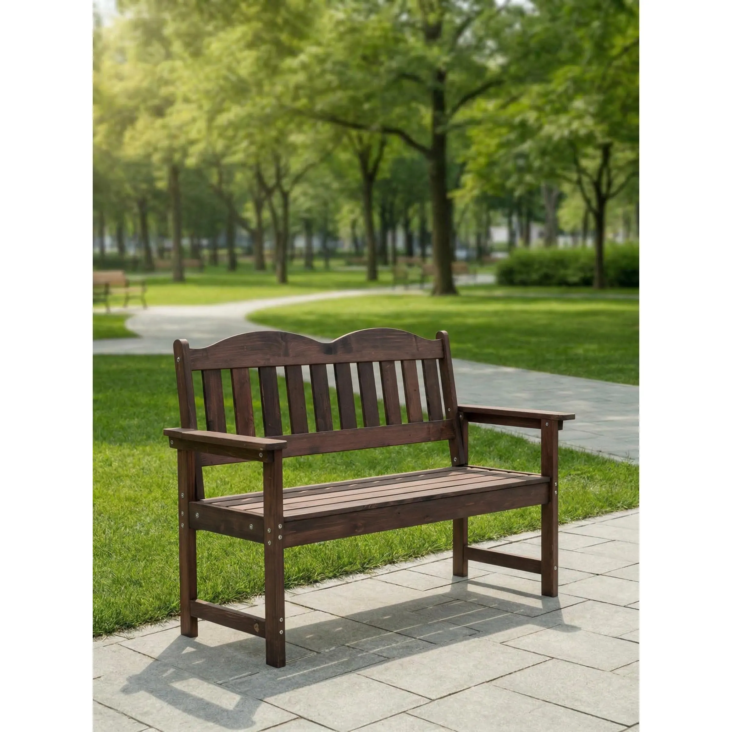 2-Person Outdoor Wooden Bench with Comfortable Backrest, Weather-Resistant Poly Lumber, Light Brown and Natural Finish, Ideal for Patio, Garden, Porch, Yard, or Park Seating, Supports up to 800 lbs