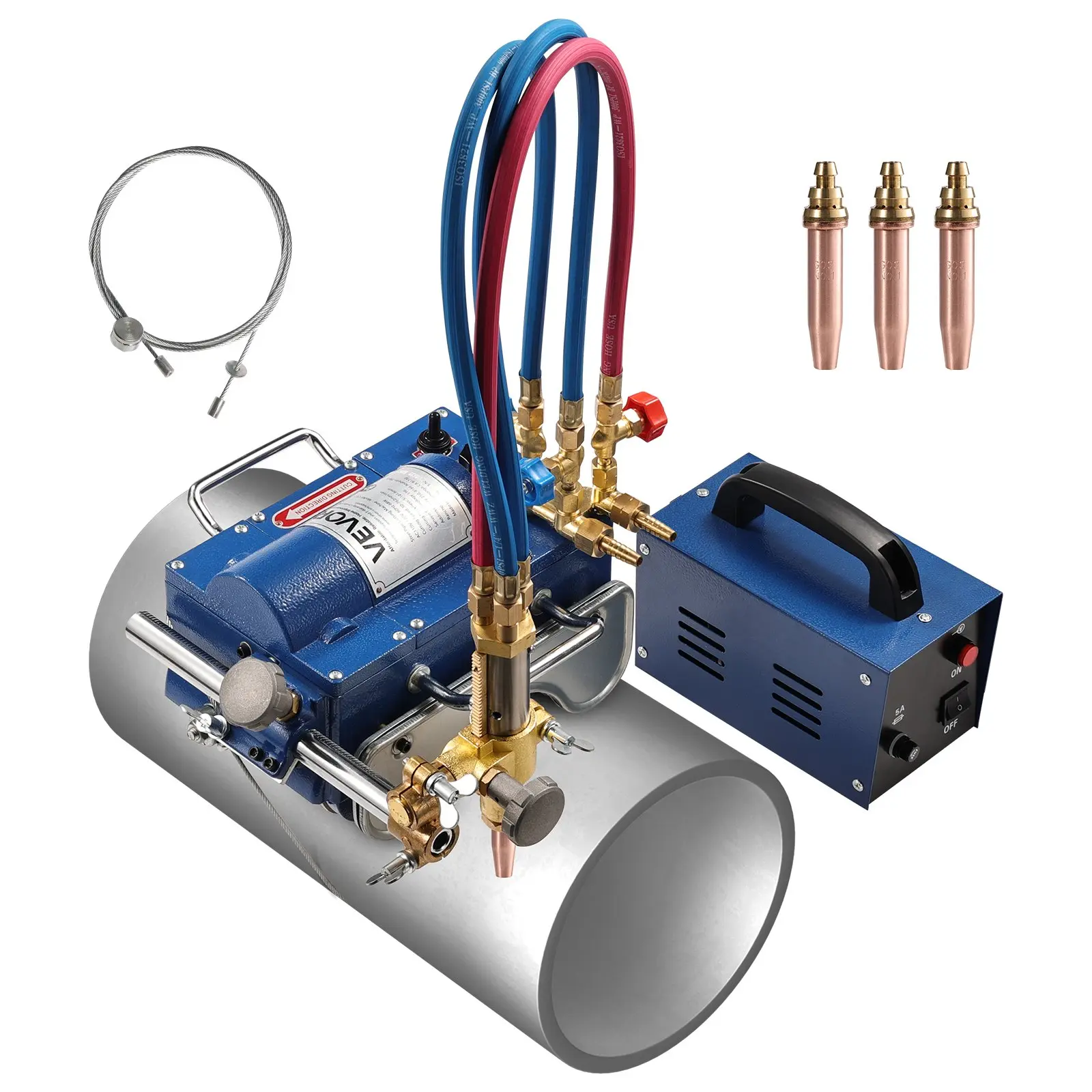 VEVOR 110V CG2-11C Electromagnetic Gas Pipe Cutting Machine, 2"-30"/Min Automatic Pipe Beveler for 0.2"-4" Thick Tubes, 3 Multiple Tips, Adjustable Angles, Copper Torch Burner Beveler, Copper Torches