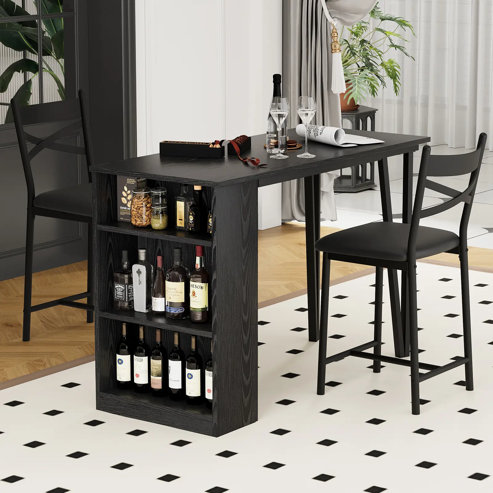 3-Piece Expandable Counter Height Dining Set, Space-Saving Kitchen Table with 3 Built-In Storage Shelves and 2 Cushioned Dining Stools, Compact Bistro Furniture for Small Apartments & Tight Spaces