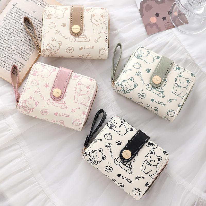 1pc Cute Cat Cartoon Coin Purse Girls Short Wallet PU Leather Large Capacity Lightweight ID Card Holder Mini Wallet Fashion