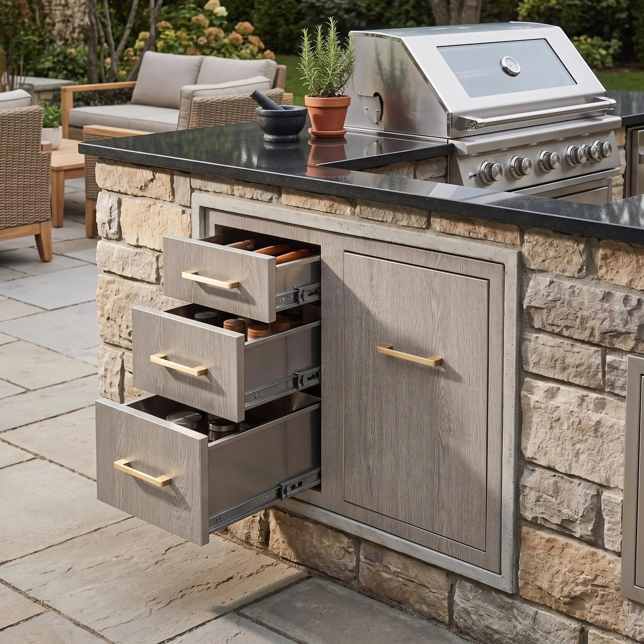 GARVEE Outdoor Kitchen Stainless Steel Flush Mount Door-Drawer Combo (29.5"W x 21.7"D x 22.6"H) - Triple Drawers, Access Door, Propane Storage, Adjustable Garbage Ring, Weather-Resistant