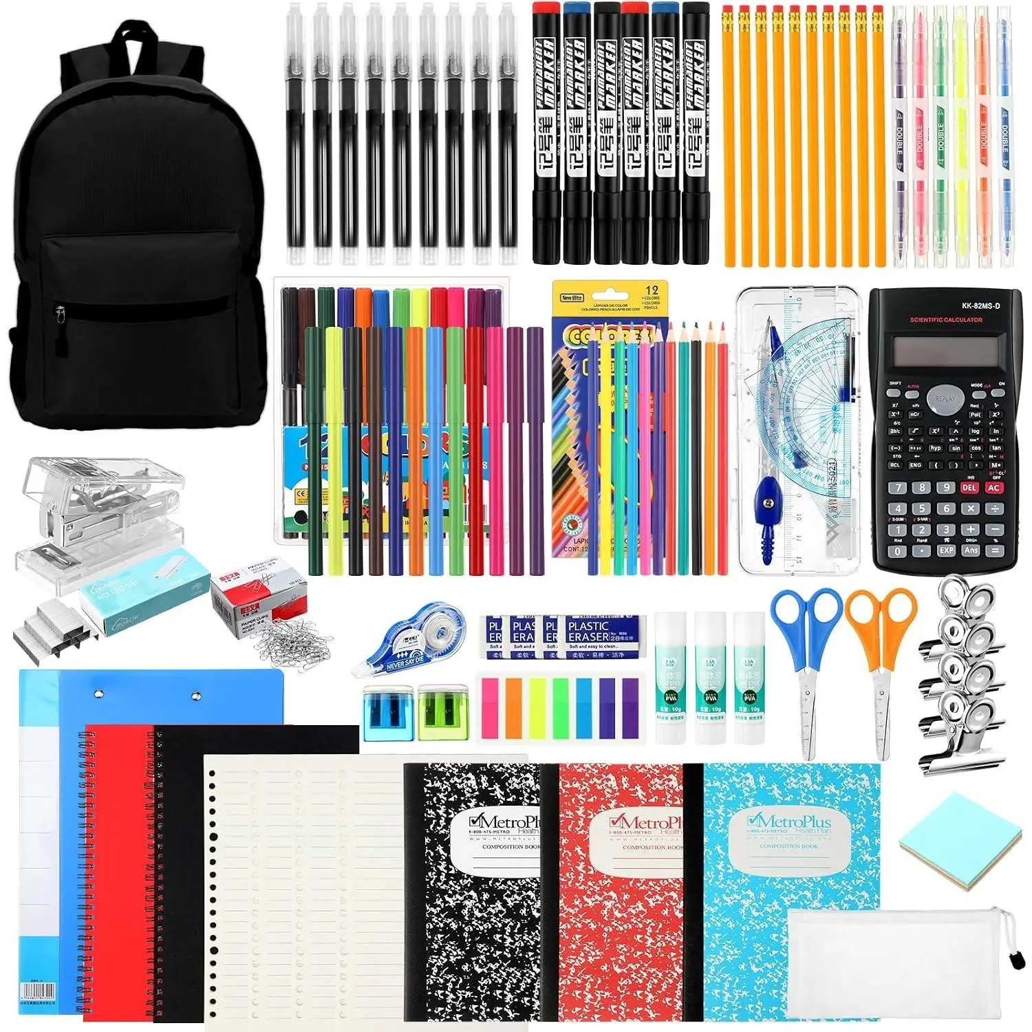 81 Pcs School Supply Kit with Backpack Back to School Supplies Bundle Bulk School Essentials for Elementary Middle High School Students Includes Folders Notebooks Pencils and More(Black)