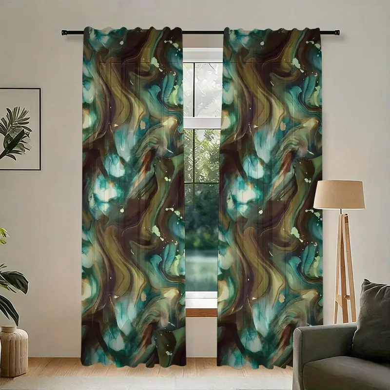 Modern Abstract Blue and Marble Curtain Set (2 Pieces), Semi-Transparent, Rod Pocket Design, for Living Room, Bedroom, Kitchen