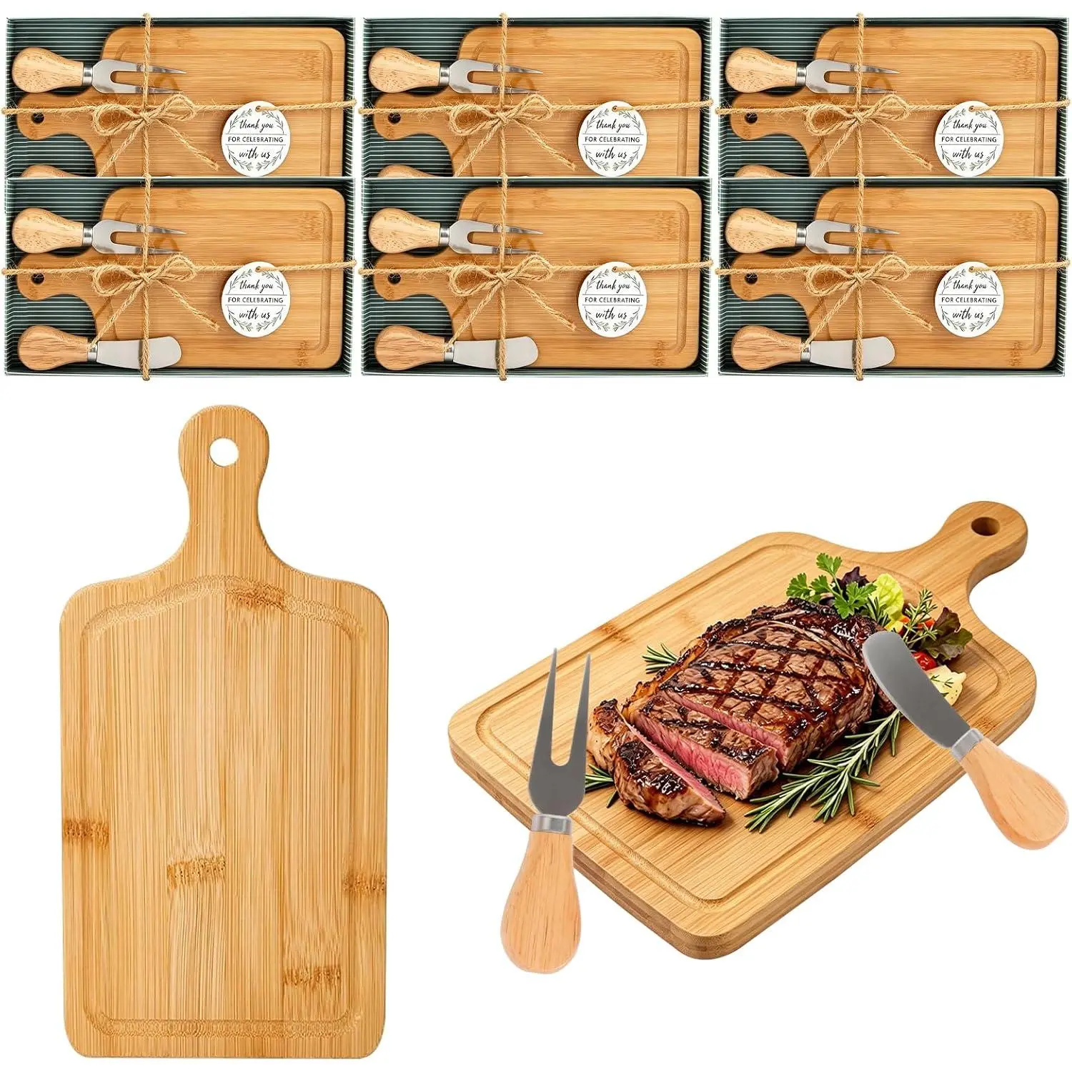 6 Set Mini Cheese Board Gift Set for Baby Bridal Shower Prizes| wood charcuterie boards with knives, forks, gift boxes and thank you tags for wedding favors and party game winners