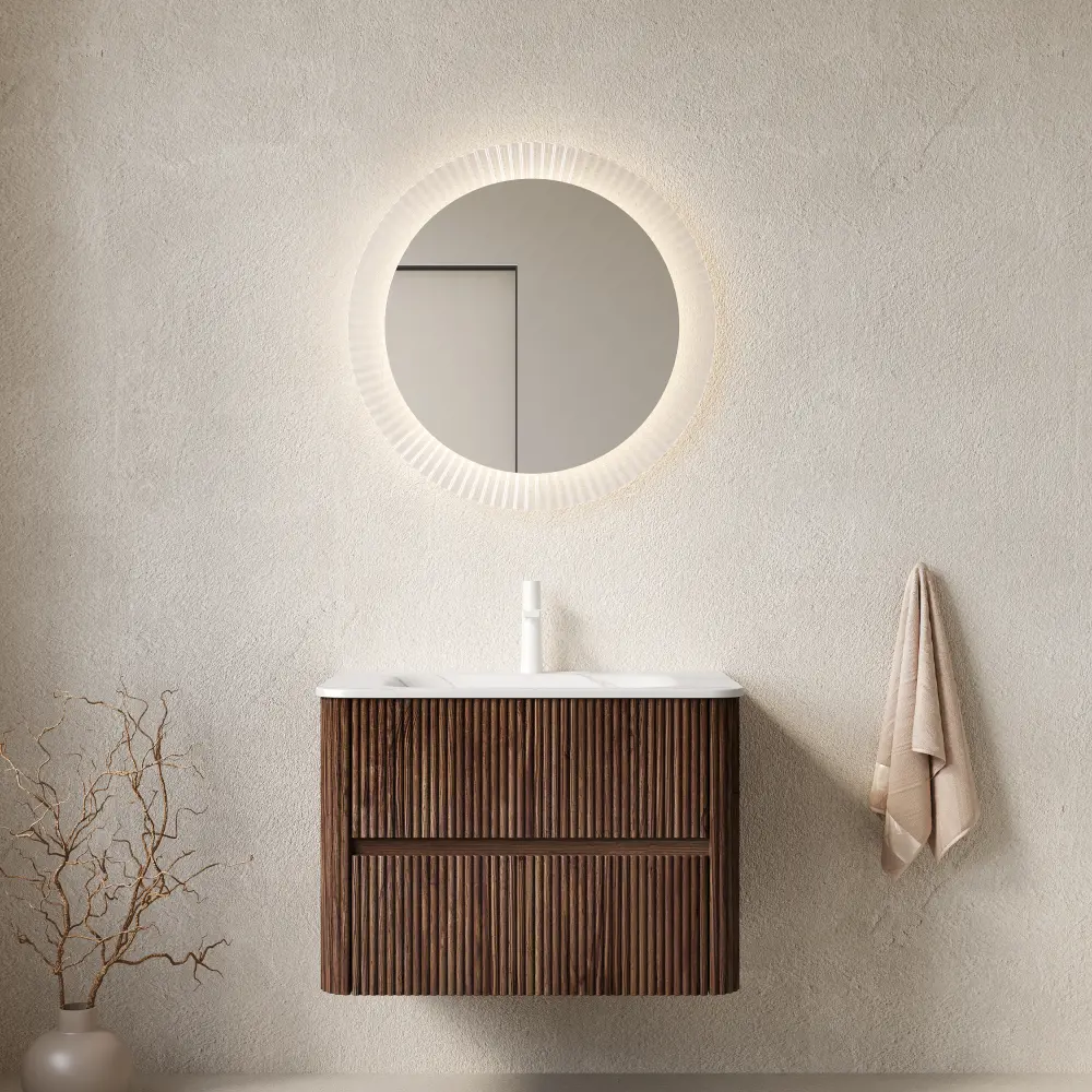 NOOR 30 Inch Floating Bathroom Vanity with Sink, Wall Mounted Bathroom Cabinet with 2 Drawers, Retro Walnut Wood Grain Finish, Plywood Storage Vanity with Carrara White Ceramic Basin, Modern Bathroom Furniture, Pre-Assembled Vanity Set, Faucet Not Include