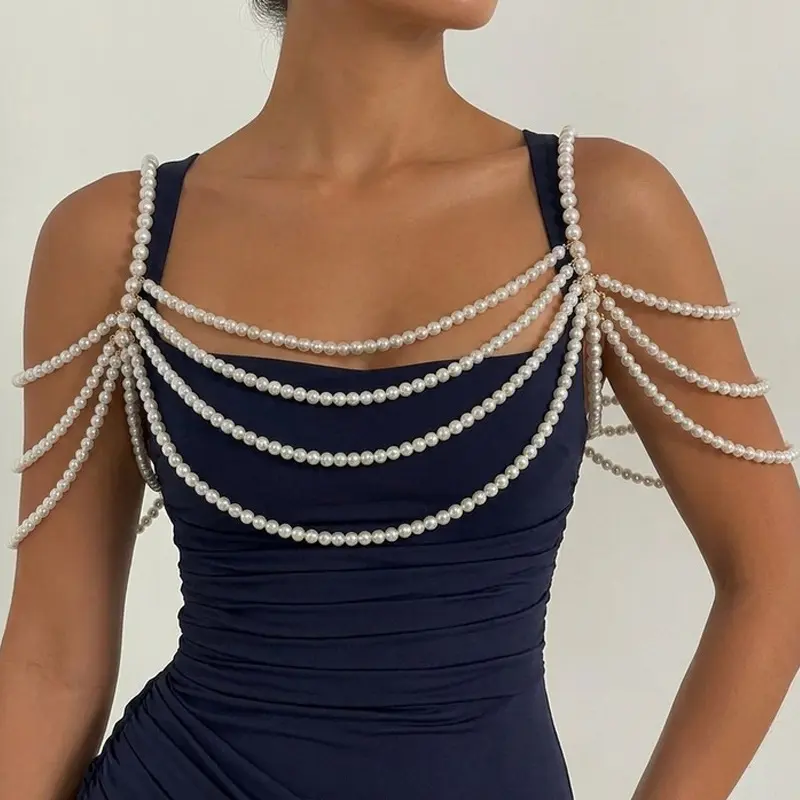 Pearl Body Chain for Women, Layered Shoulder Chain Jewelry, Statement Bridal Body Jewelry with Multi-Layer Pearl Fringe, Elegant Wedding Dress Accessory for Bride, Bridesmaid, Prom, Party, Dinner & Special Occasions