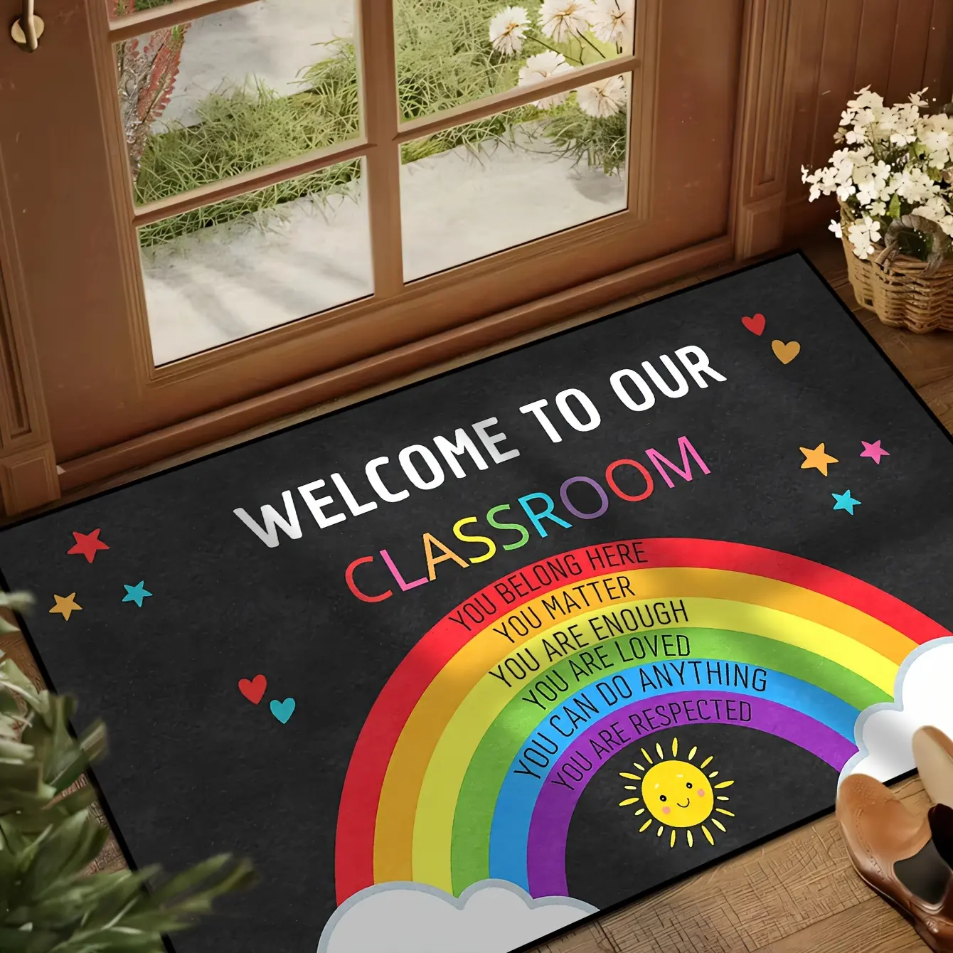 Welcome to Our Classroom Rainbow Door Mat Teacher Classroom Rug Non Slip Washable Low Pile Entryway Mat Golden Diamond Velvet Back to School Decor for Preschool Kindergarten Elementary Classroom Hallway Playroom Graduation Gift