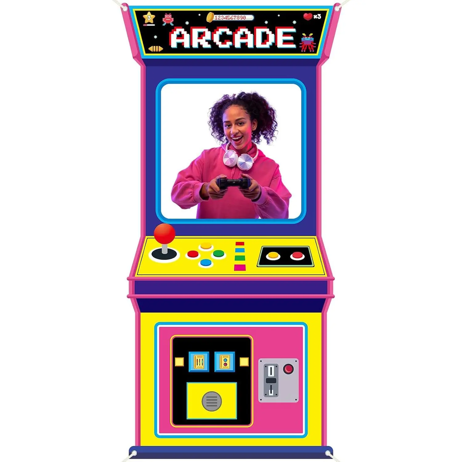 Fabric Large 72.8 x 35.4 Inch Arcade  Photo Background Retro Video Gaming Decoration  to The 80s 90s Neon Party Photo Booth Props  Banner  Hop Party Decor for Birthday Rock Supplies