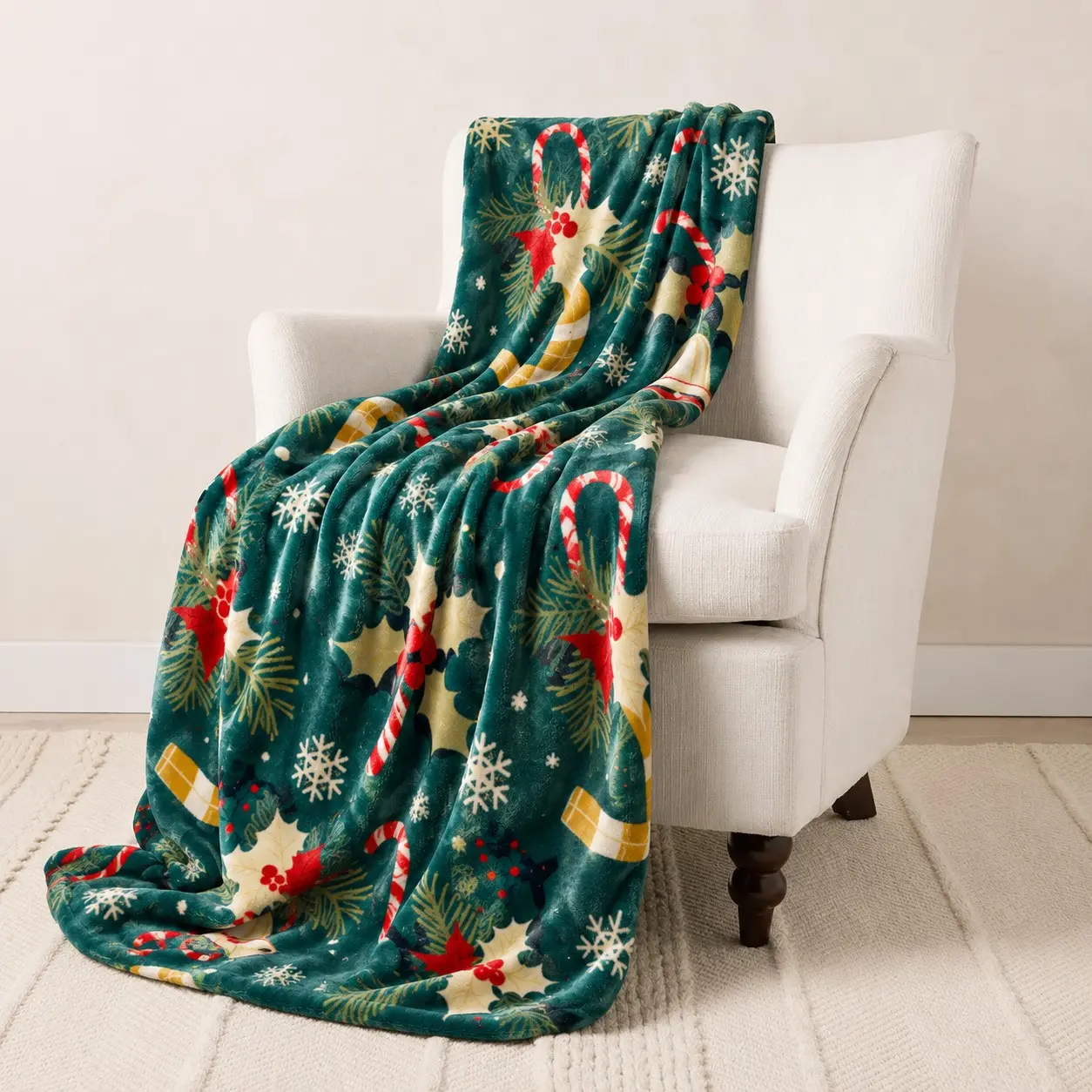 Soft Christmas Blanket, Comfortable Festive Plush Throw, Candy Cane Snowflake Design, Ideal for Sofa Bed Living Room, Winter Holiday Gift