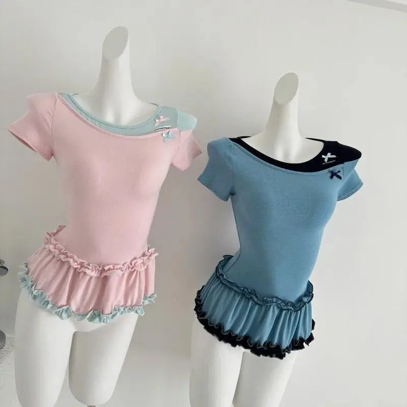 Women Sweet Ballet Style T-shirt Elegant Vintage Bow Decor Ruffle Hem Slim Fit Tees Y2k Harajuku Soft Girl Fashion Tops New