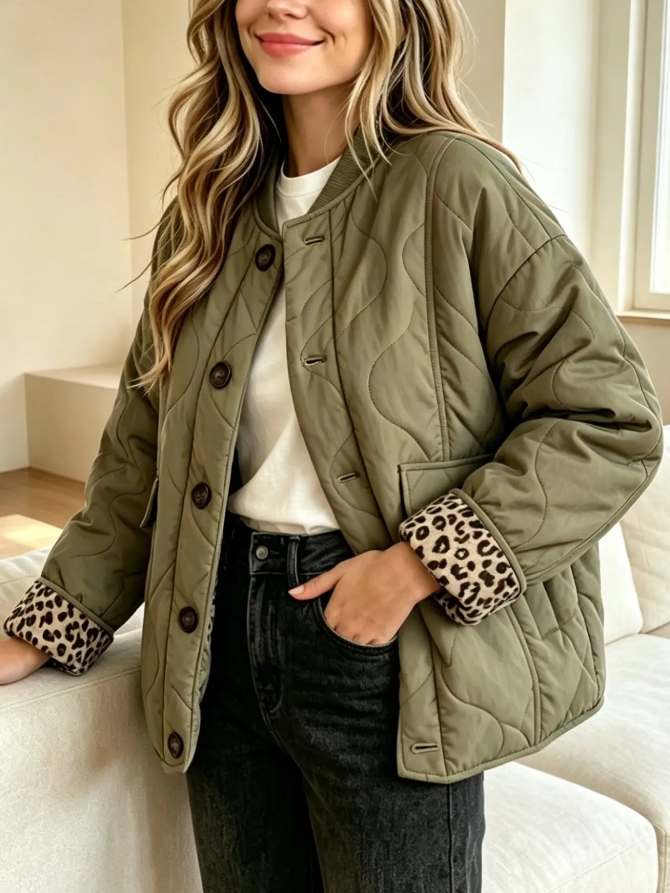 Women's Vintage Leopard Print Cotton Jacket, Baseball Neck Single Button Pocket Loose Short Lightweight Quilted Coat