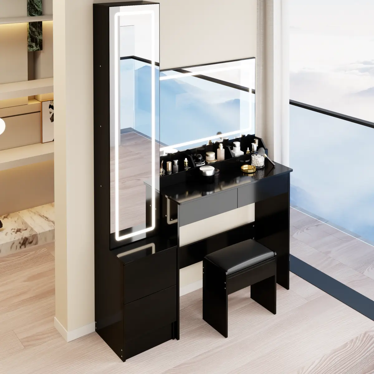 Extra Large LED Mirror Vanity Table Set with LED Dressing Mirror Cabinet, Cushioned Stool, Touch Control, 3-Color Switch, Adjustable Brightness, Multi-Layer High-Capacity Storage