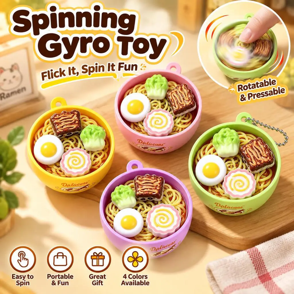 Simulation Ramen Bowl Fidget Spinner Clicker,Press Rotating Stress Relief Toy,Creative Desktop Ornament Gift