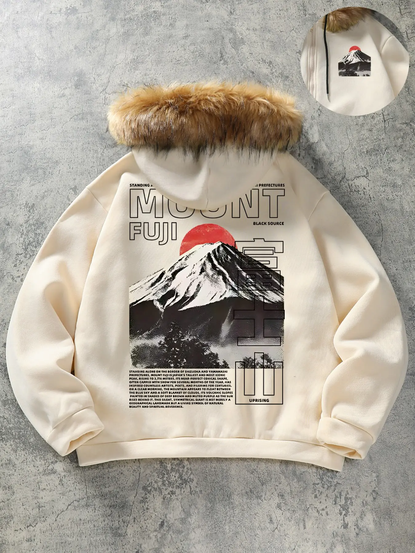 Men's Fleece Lined Fur Trim Zip Up Hoodie Japanese Mount Fuji Graphic Printed Long Sleeve Winter Streetwear Jacket