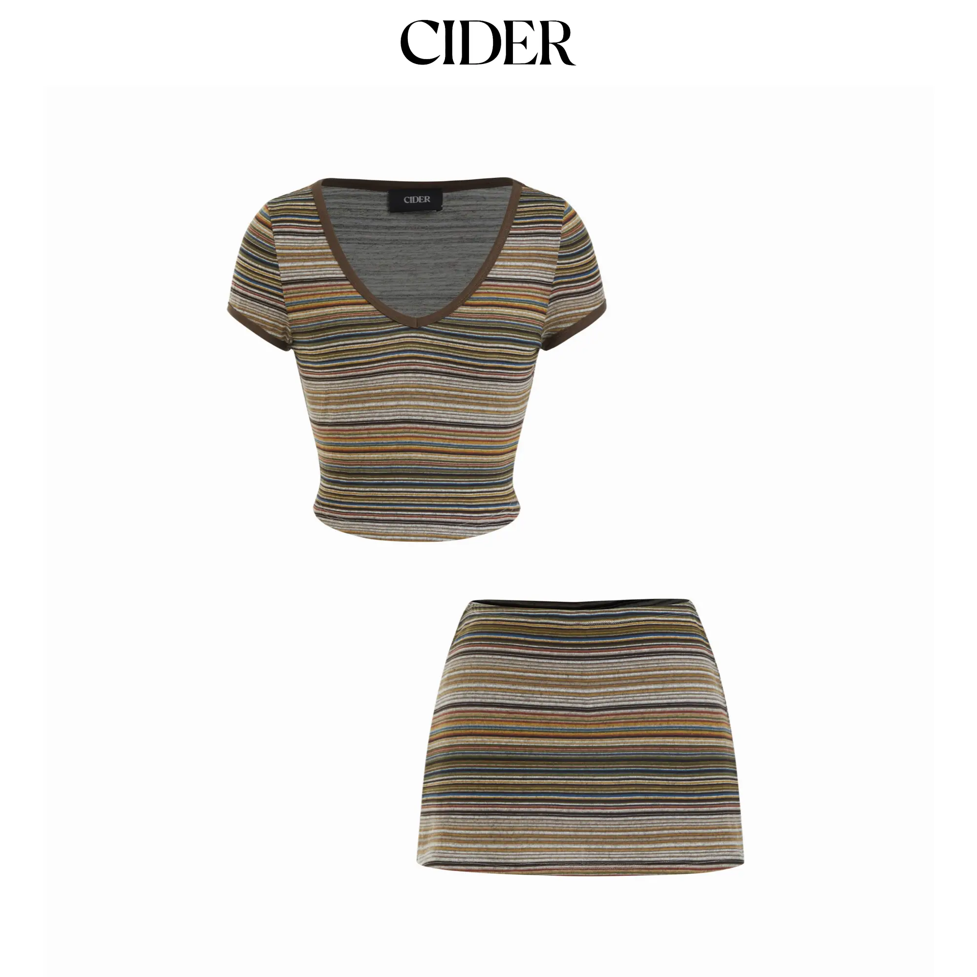 Cider High Stretch Striped V-Neck Crop Top & Low Rise Mini Pencil Skirt Set
