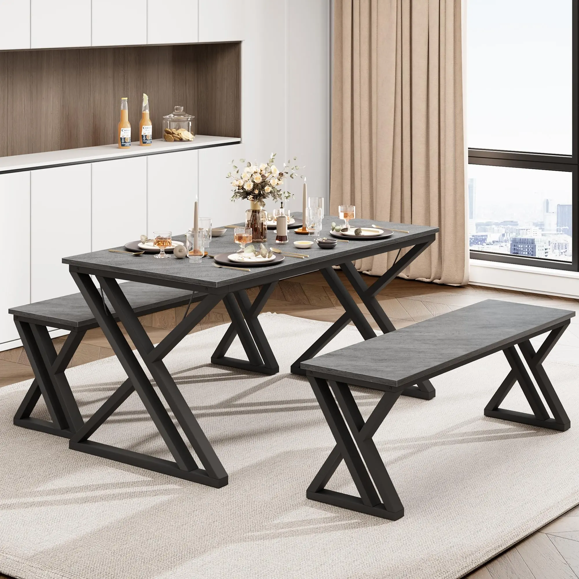 Space Saver Dining Table & Benches Set with Faux Marble Top for Indoor Kitchen Dining Room
