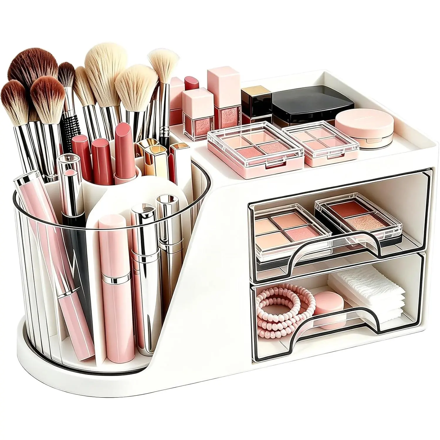 Makeup Organizer with 360°Rotating Brush Holder & 2 Drawers - White | Small Plastic Clear  Display Case for Make up Brushes Eyeshadow Lipstick  Desktop Bathroom Dresser Countertop