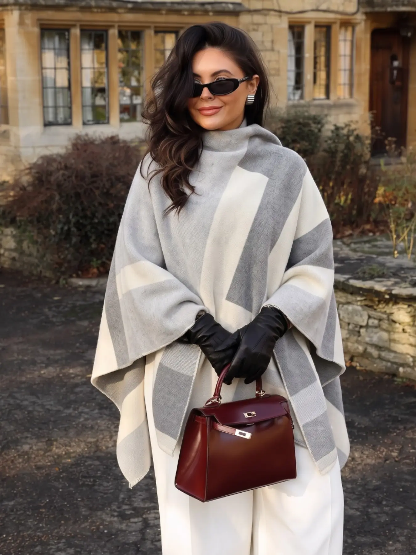 Women's Elegant Cream Stripe Cape Shawl, Tassel Poncho Wrap, Thick Warm Winter Outerwear, Modest Travel Cover Up, Ideal Gift