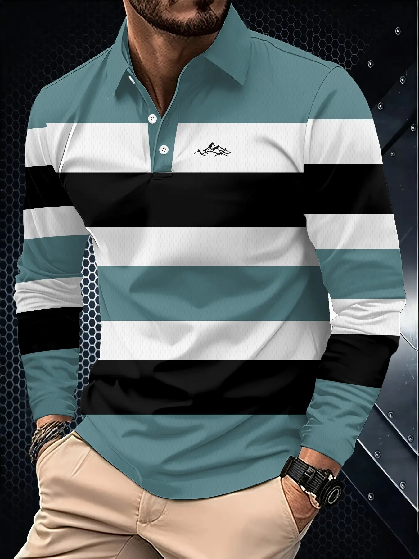 Flip collar three button polo shirt with seamless wide and thin stripe stitching throughout the body, a versatile casual top for all seasons