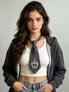 Pre-Tied Gothic Neck Tie with Rhinestone Cross Crest Patch, Unisex College Style Collar Accessory for Women & Men Shirts