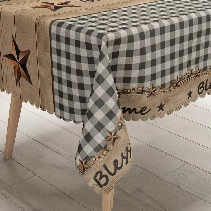 2D Flat Party Tablecloth, Rustic Farmhouse Style Plaid, Rectangular Polyester, Indoor/outdoor, Embroidered Edges, Perfect for Weddings & Dinners, Table Decoration