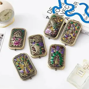1Pc Vintage Peacock Compact Mirror, embossed design with antique gold finish. Features 1X/2X dual magnification, portable handheld style, ideal for travel and as a thoughtful birthday gift for women